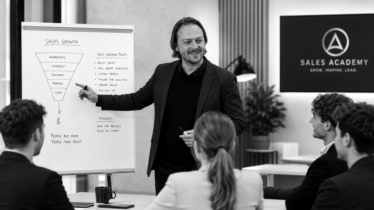 Steven Meel geeft een interactieve verkoopopleiding aan een groep salesprofessionals